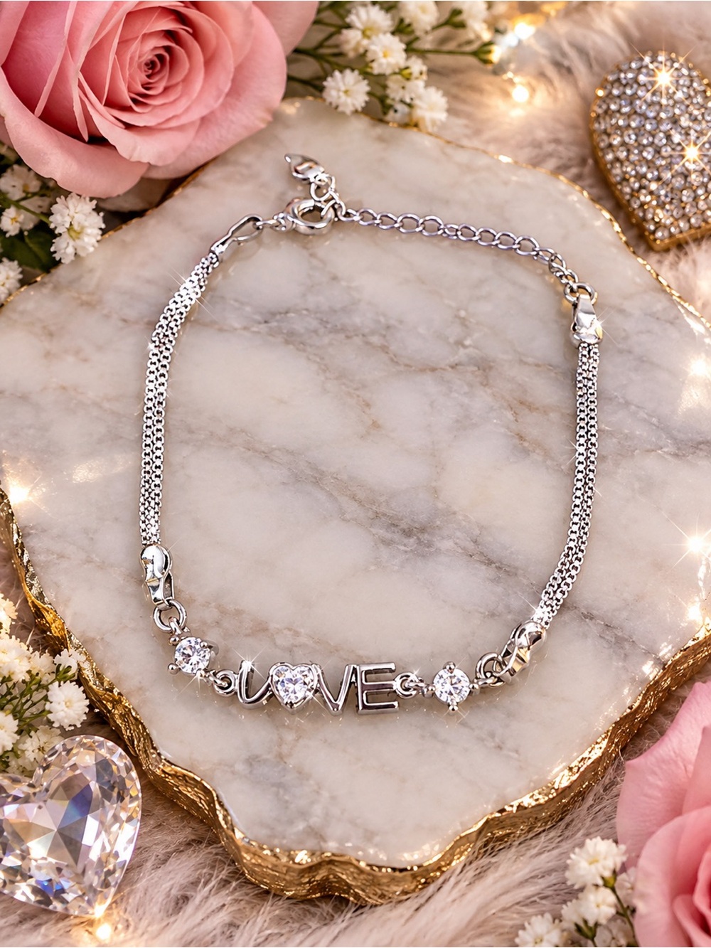 .925 Silver LOVE Heart Chain Bracelet - Women's Jewelry